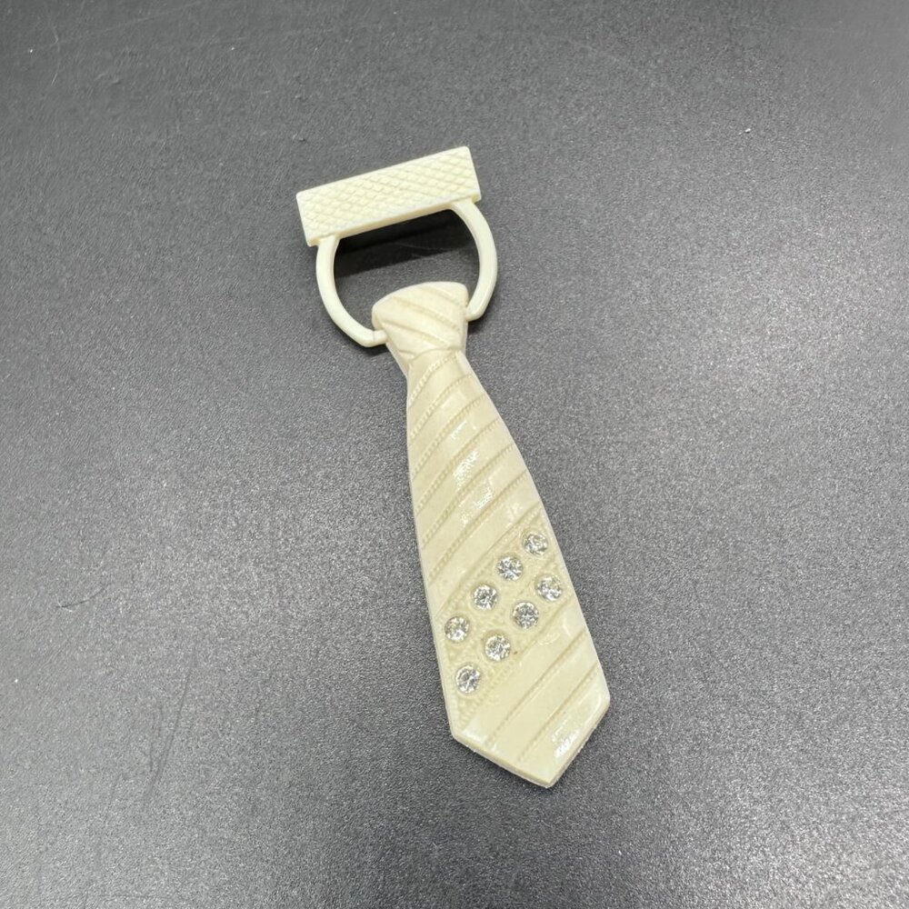 Vintage Brooch Pin Necktie Novelty Accessory Tie Cream Plastic Rhinestones Retro